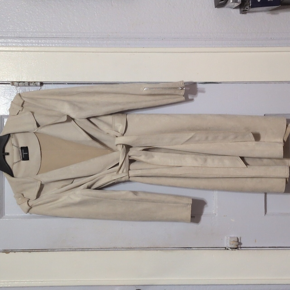 Tahari Beige Faux Suede Leather Lightweight Belted Trench Coat Large